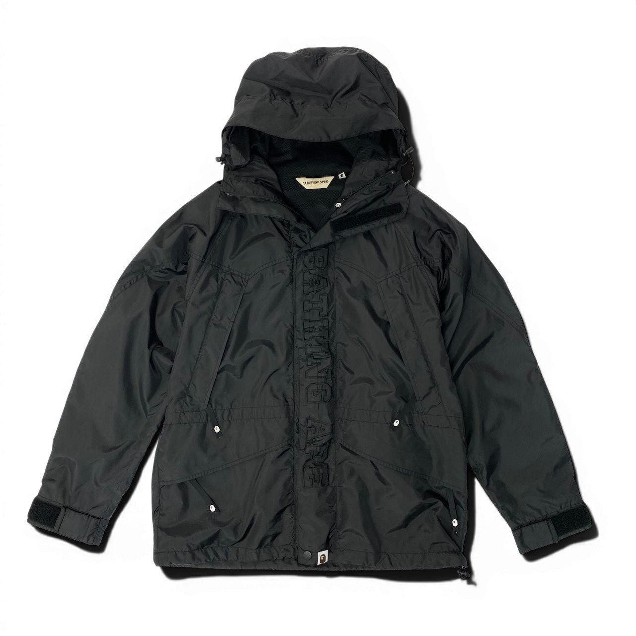 62e12 A BATHING APE アベイシングエイプ snowbord jacket スノーボードジャケット ナイロンパーカー フロントロゴ刺繍 サイズS ブラック メンズ 紳士服u02t