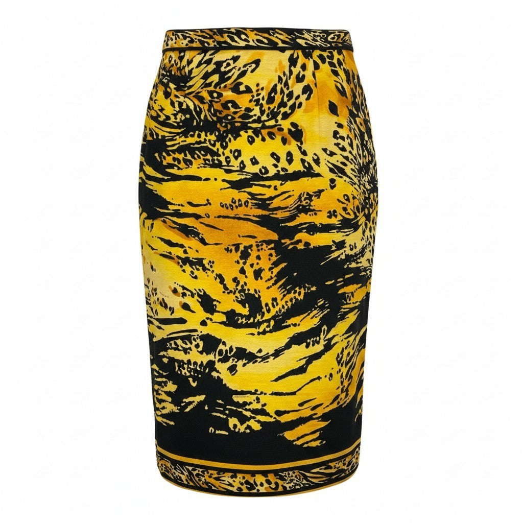 3k19 LEONARD FASHION レオナール タイトスカート ひざ丈スカート 総柄プリント レディース 女性用 63－90 ブラック イエロー ウール100％u02t