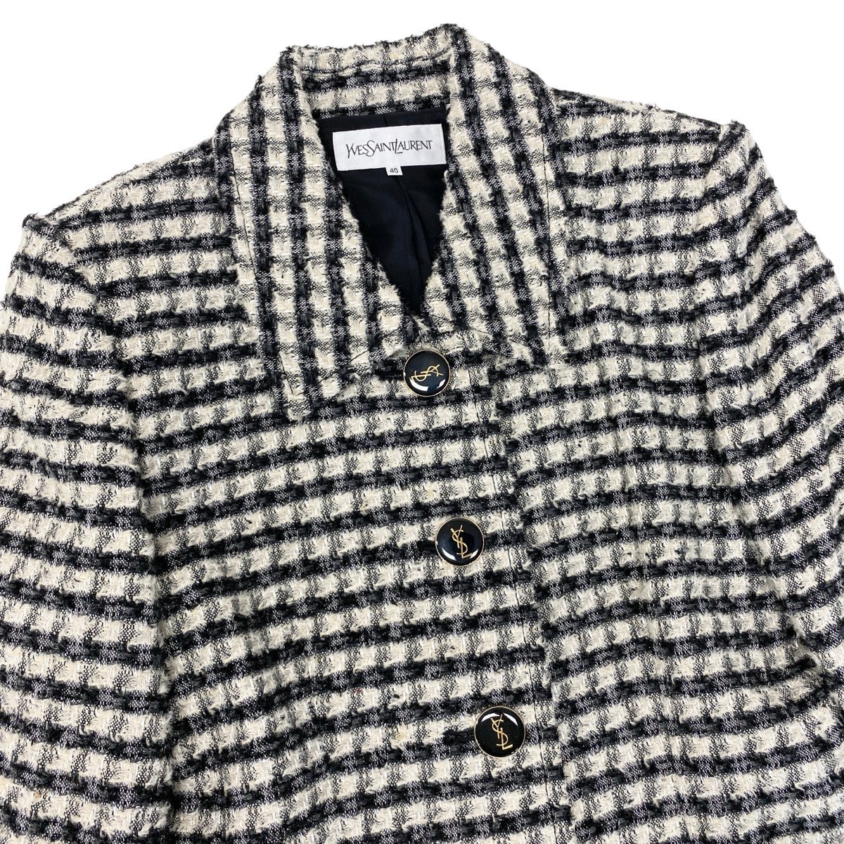 29g14 YVES SAINT LAURENT イヴサンローラン セットアップスカート ツイードジャケット YSLロゴボタン サイズ40 ブラック アイボリー レディース 女性用o07t