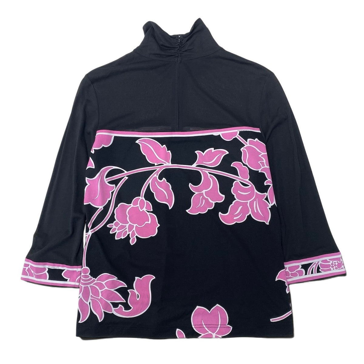 37i26 LEONARD レオナール ハイネックカットソー ブラウス 七分袖 花柄 カンカン素材 シアーカットソー 0159218 40 ブラック ピンク レディース 女性用u02t