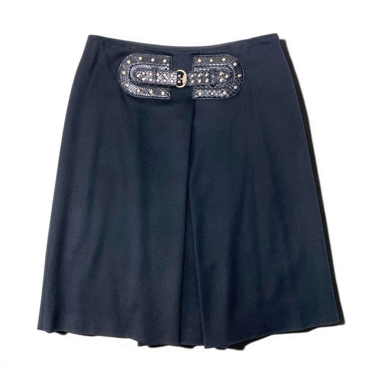 If12 GUCCI グッチ スタッズ装飾 レザーベルト 膝丈スカート ストレッチ 165667 サイズ46 ブラック レディース 女性用t18r