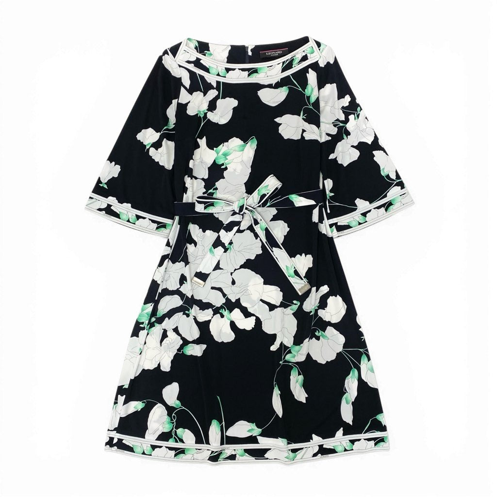 40l25 LEONARD レオナール カンカン素材ロングワンピース 7分袖 美しい花柄プリント 40 ブラック ホワイト レディースu02t