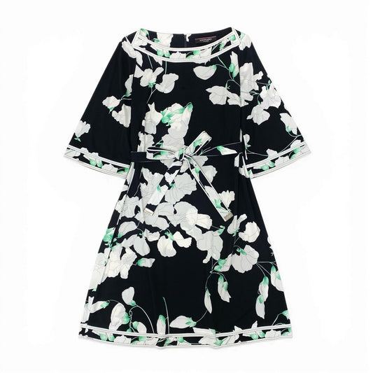 40l25 LEONARD レオナール カンカン素材ロングワンピース 7分袖 美しい花柄プリント 40 ブラック ホワイト レディースu02t