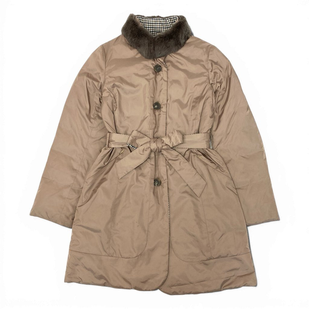 42a27 Aquascutum LONDON アクアスキュータム リバーシブル ダウンコート 2way レッキスラビットファー チェック柄 レディース サイズ8 ベージュo07t