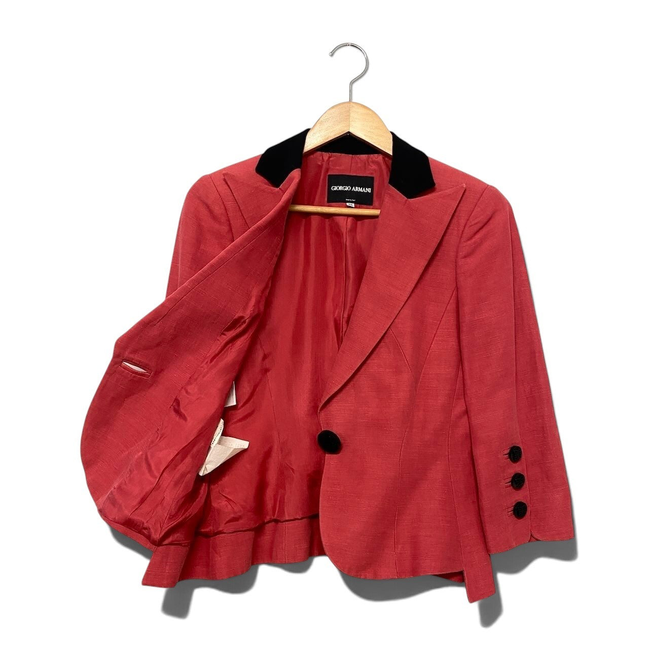 62i1 GIORGIO ARMANI ジョルジオアルマーニ テーラードジャケット コットンリネン混 バイカラー サイズ38 レッド ブラック レディースu02t