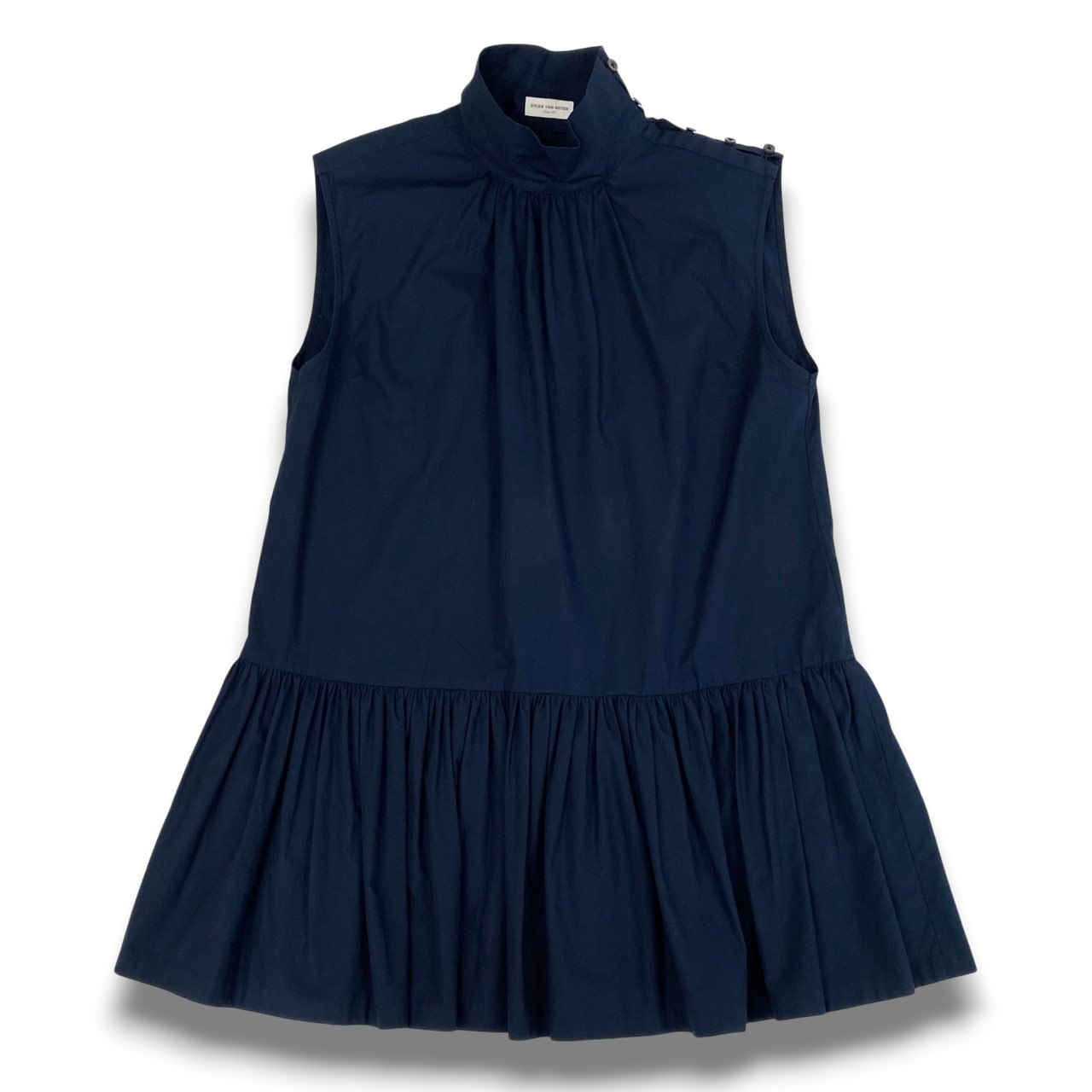60b22 DRIES VAN NOTEN ドリスヴァンノッテン ハイネック ノースリーブワンピース 裾フリル レディース 女性服 サイズ36 ネイビー コットン100％u02t