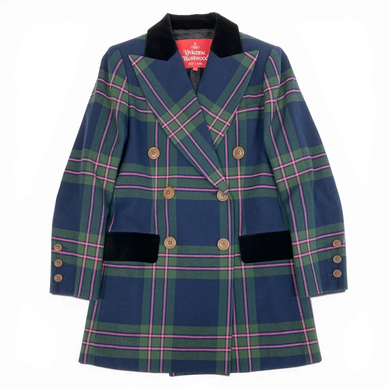 57a13 【美品】 Vivienne Westwood RED LABEL ヴィヴィアンウエストウッド レッドレーベル ダブルブレスト テーラードジャケット チェック柄 裏地総柄 レディース 女性用 16-12-412003 サイズ01 マルチカラーo07t