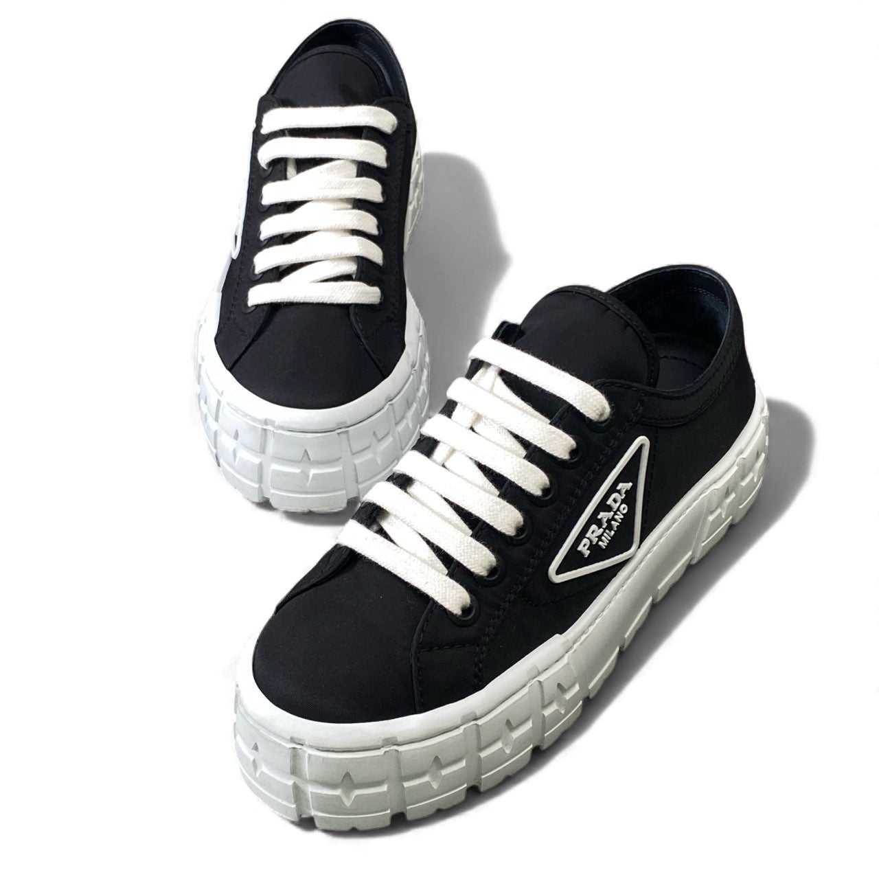 1k16《美品》 PRADA プラダ ダブルホイール ギャバジンスニーカー 24cm 37 ブラック Re-Nylon シューズ 厚底 軽量◎t18r