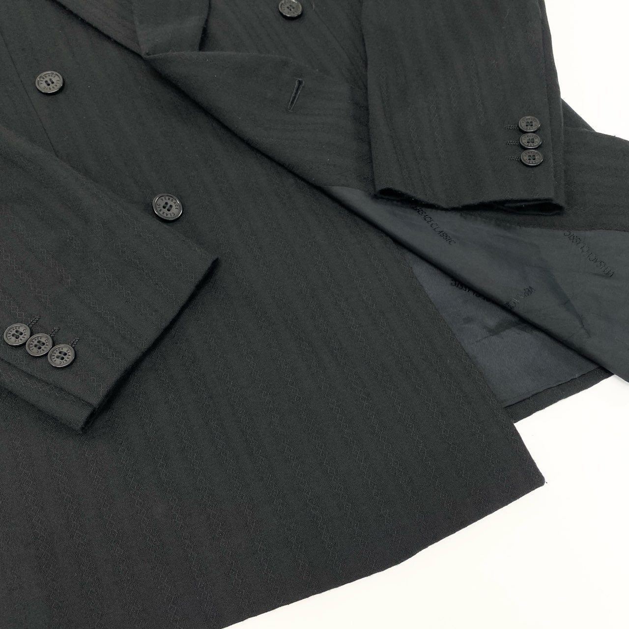 51Ⅼ2 VERSACE CLASSIC ヴェルサーチ クラシック ダブルブレスト スーツセットアップ 総柄 46 ブラック メンズu02t