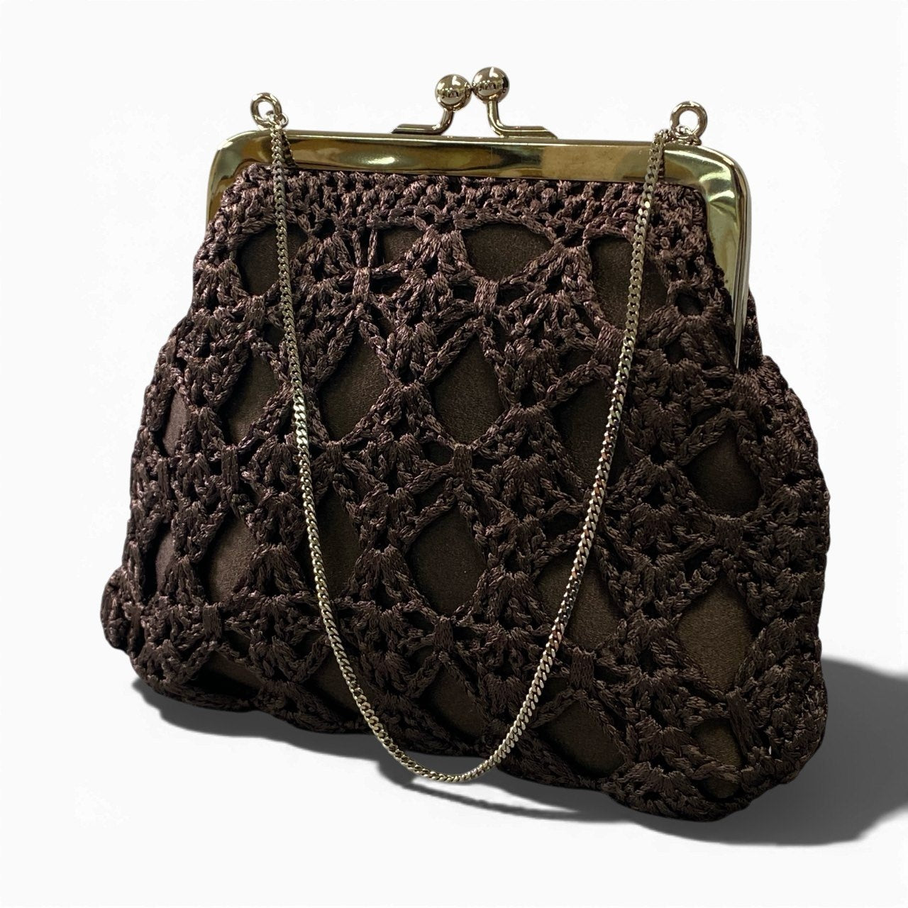 ha5 DOLCE&GABBANA ドルチェアンドガッパーナ がま口 ハンドバッグ ポーチ レース チェーン ブラウン レディースk02i