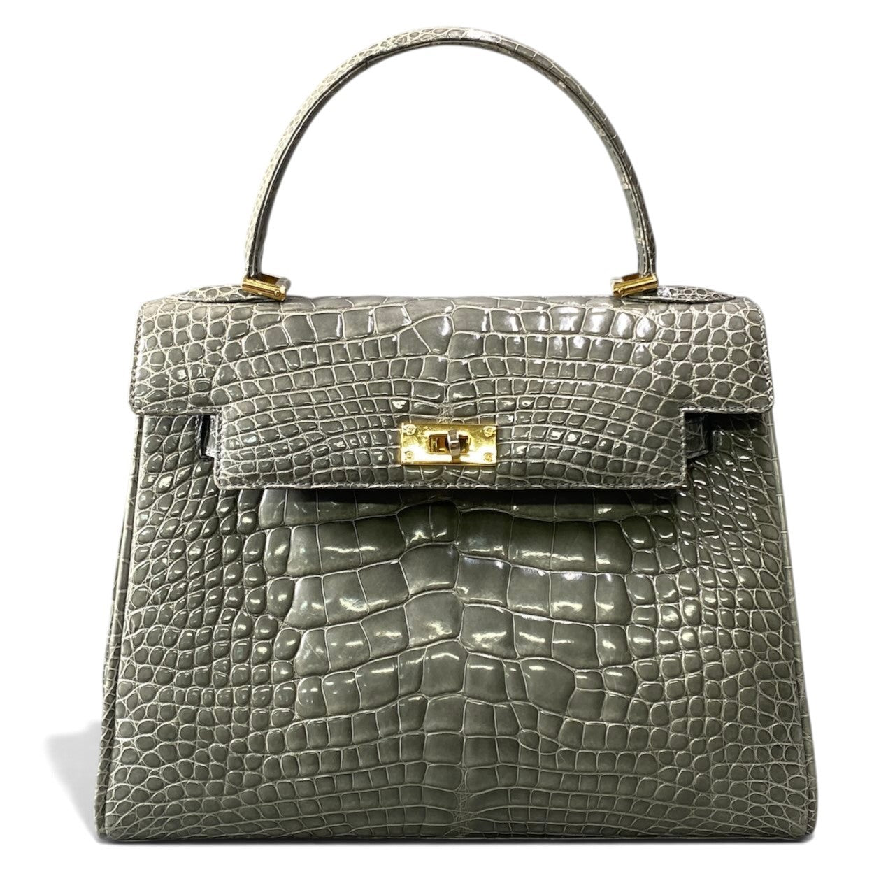 h21 GENUINE CROCODILE SKIN ワニ革 クロコダイル ハンドバッグ グレー レザー レディース 女性用k02i