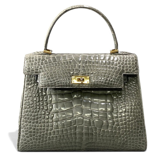h21 GENUINE CROCODILE SKIN ワニ革 クロコダイル ハンドバッグ グレー レザー レディース 女性用k02i