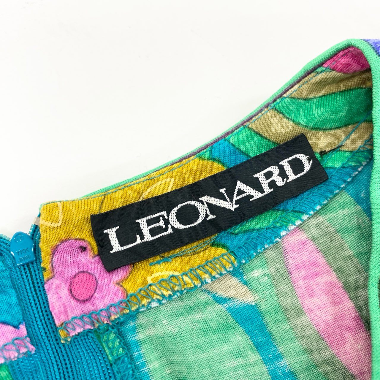 21k11 LEONARD レオナール ロングスリーブ カットソー 美しい花柄プリント ドルマンスリーブ 裾リボン レディース S グリーン系 ウールシルクu02t