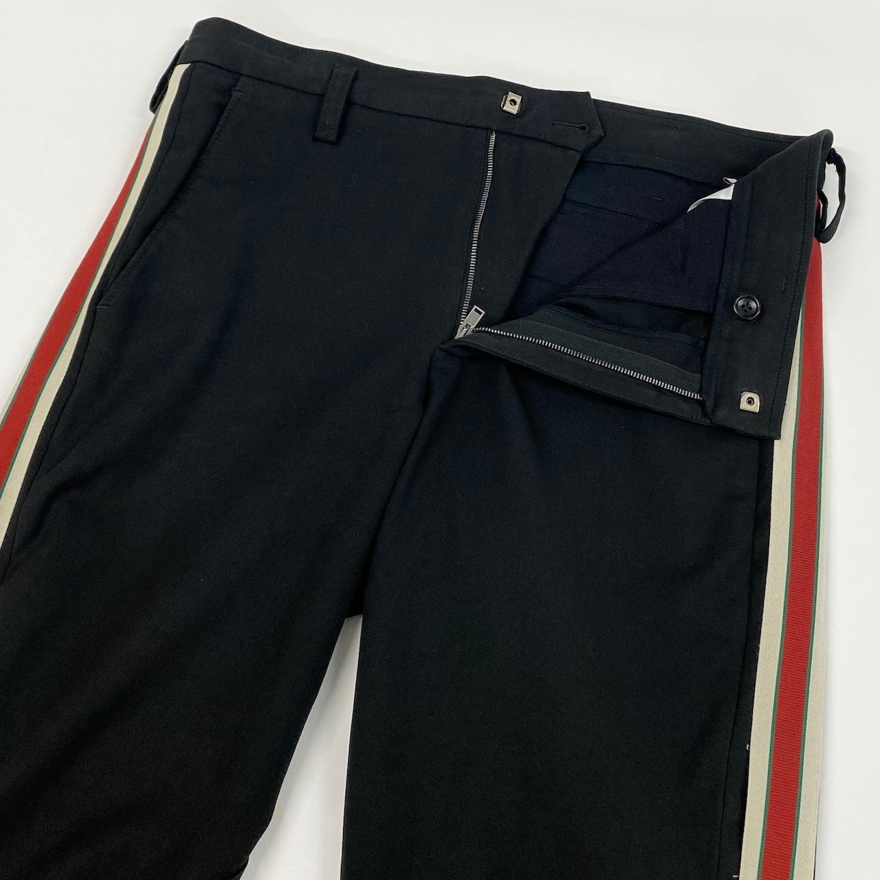 24e14 GUCCI グッチ ギャバジン ストレッチパンツ サイドロゴライン ボトム イタリア製 48サイズ ブラック メンズ 男性用u02t