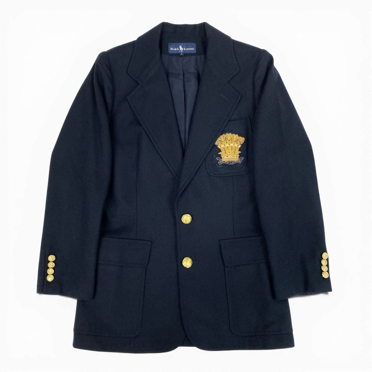 37a19 Ralph Lauren ラルフローレン テーラードジャケット 紺ブレザー 金ボタン 胸元ワッペン レディース 女性用 サイズ７ ネイビー ウール100％u02t