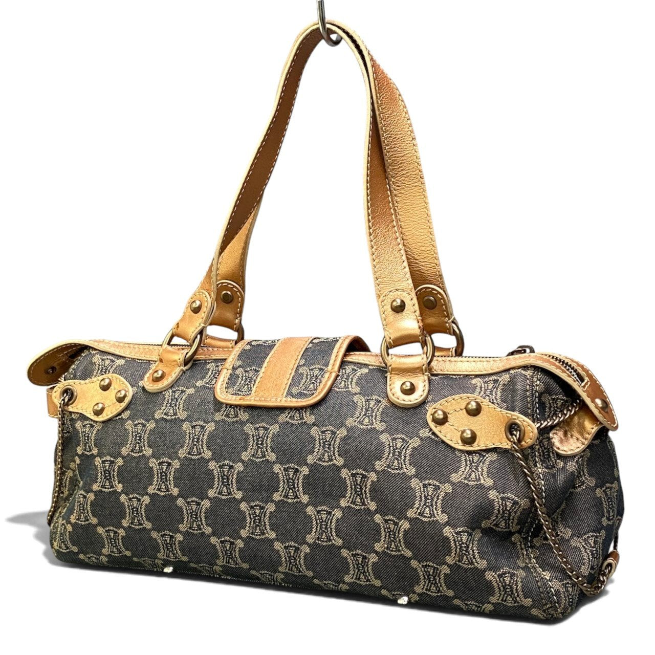 h29 CELINE 2005年 マカダム柄 ヴィンテージ デニムバッグ インディゴ オレンジベージュ レディース 女性用ta1
