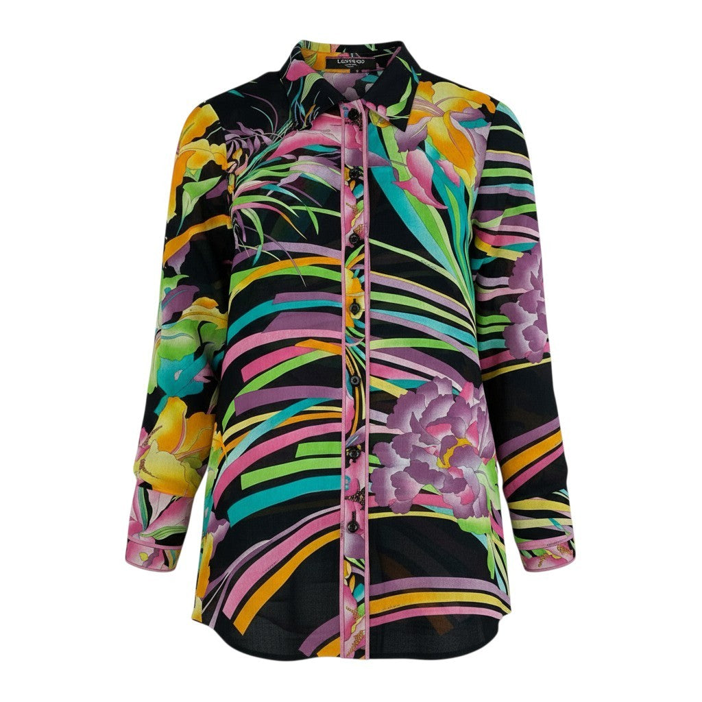 60b22 LEONARD FASHION レオナール シアーシャツ ロングスリーブシャツ 美しい花柄プリント レディース 女性服 13R ブラック マルチカラー コットン100％u02t
