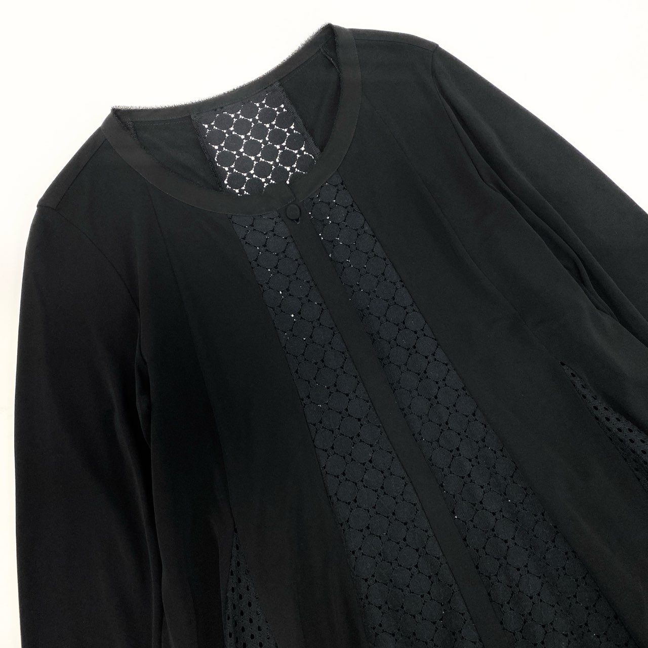 76k21《美品》 TOKUKO 1er VOL トクコプルミエヴォル ノーカラー ロングカーディガン 長袖 カットワークレース レディース 女性用 9 ブラックu02t