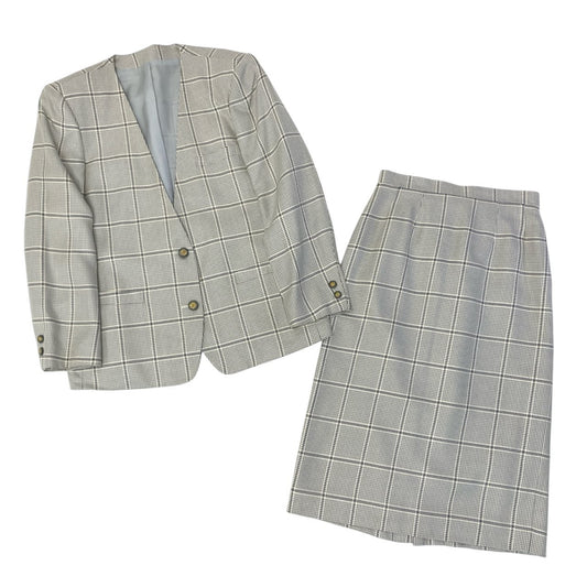 5c5 Vintage Burberrys バーバリーズ スカートスーツ セットアップ 装飾ボタン ノーカラー 11 グレー系 チェック レディースu02t