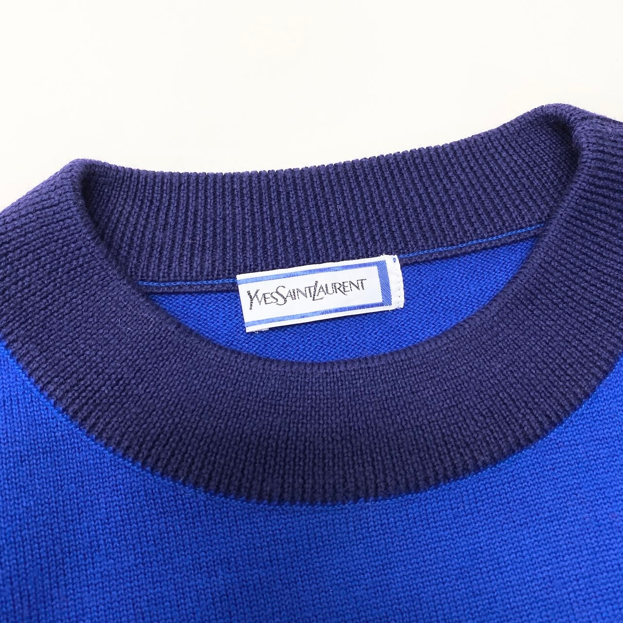 14f15 YVES SAINT LAURENT イヴサンローラン YSLロゴ ロングスリーブ ニットセーター リブネック バイカラー サイズＭ ブルー ネイビー ウール100％ レディース 女性用u02t