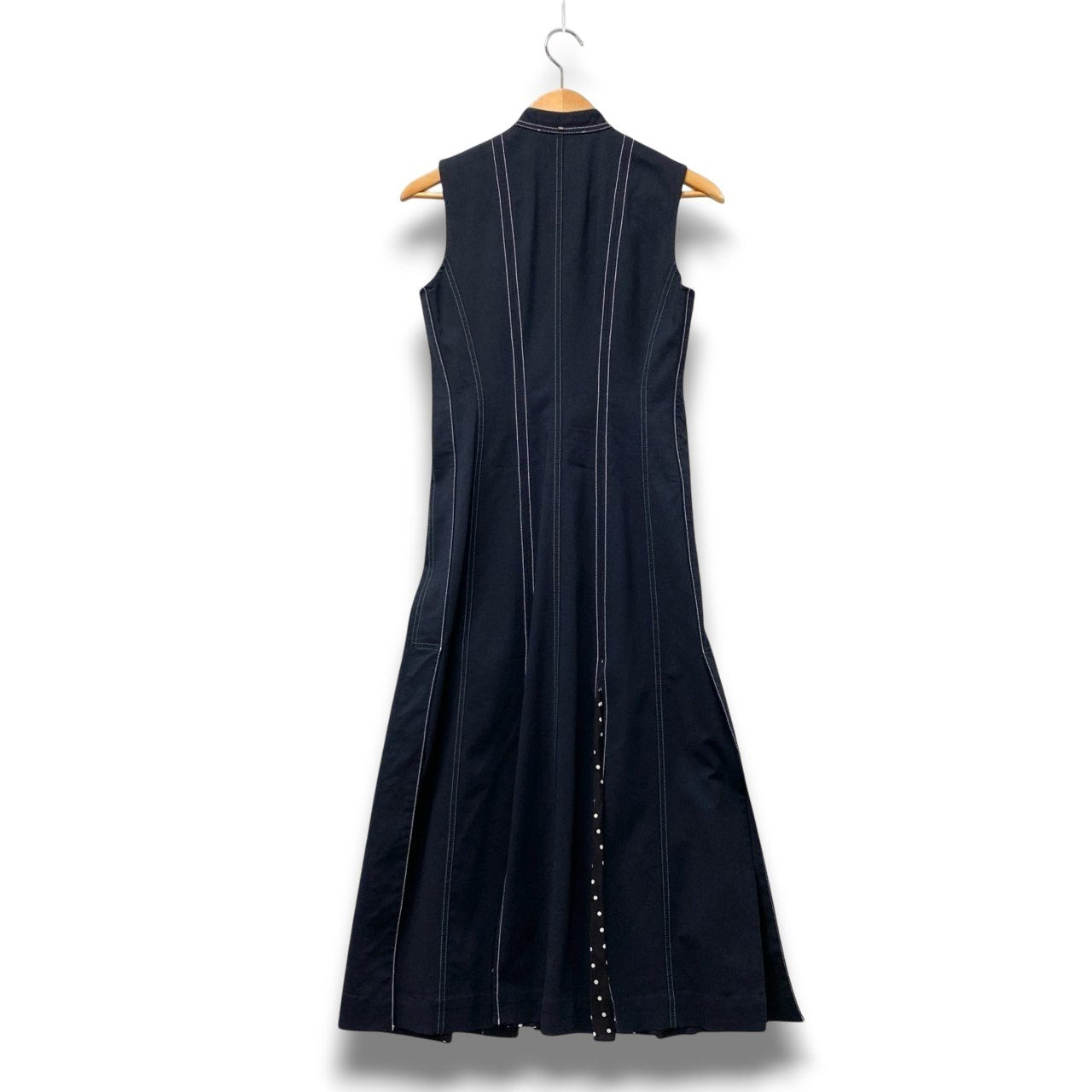 77b26 【美品】SPORTMAX スポーツマックス ノースリーブノーカラーワンピース ステッチ フレア ストライプ ドット 40サイズ ネイビー レディース 女性用u02t