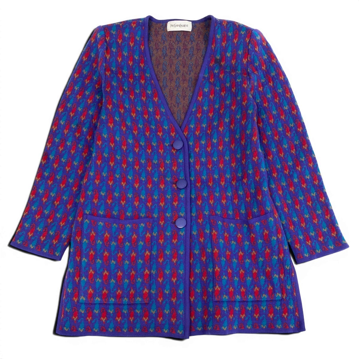 63f2 YVES SAINT LAURENT イヴサンローラン ロングニットカーディガン ウールニット 総柄  パープル ウール100％ レディース 女性服o07t