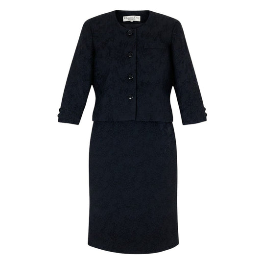 Ee28 Christian Dior クリスチャンディオール ジャガード セットアップスカート ノーカラージャケット フォーマル シルクウール混 サイズ9 ブラック レディースu02t