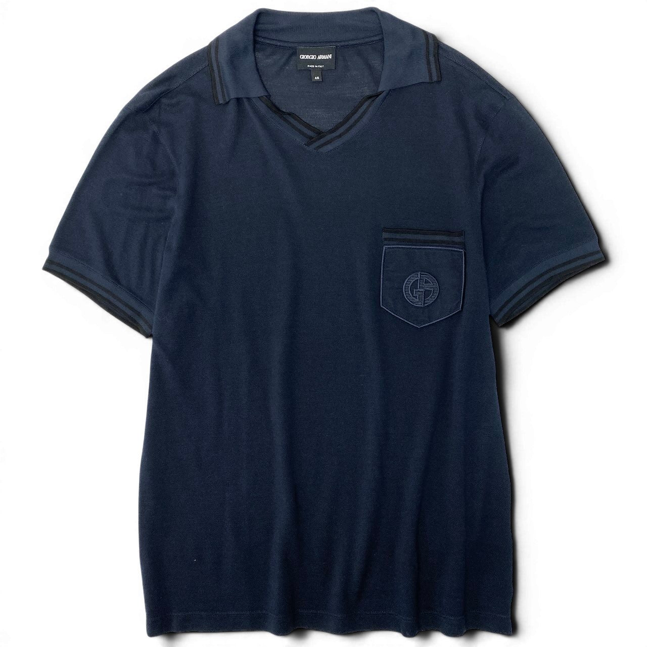 22e7 GIORGIO ARMANI ジョルジオアルマーニ オープンカラー ニットカットソー 半袖 トップス ポケットロゴ刺繡 シルクブレンド サイズ46 ネイビー メンズ 紳士服u02t