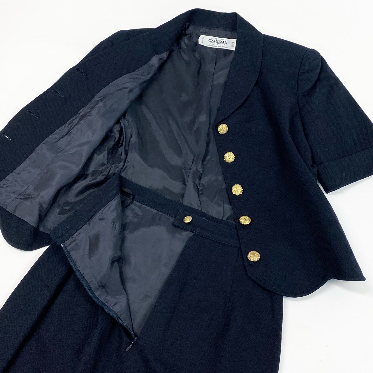 Ib20  VALENTINO ヴァレンティノ CARISMA スカートセットアップ 半袖ジャケット スカート 装飾ボタン 40 ネイビー コットン レディースu02t