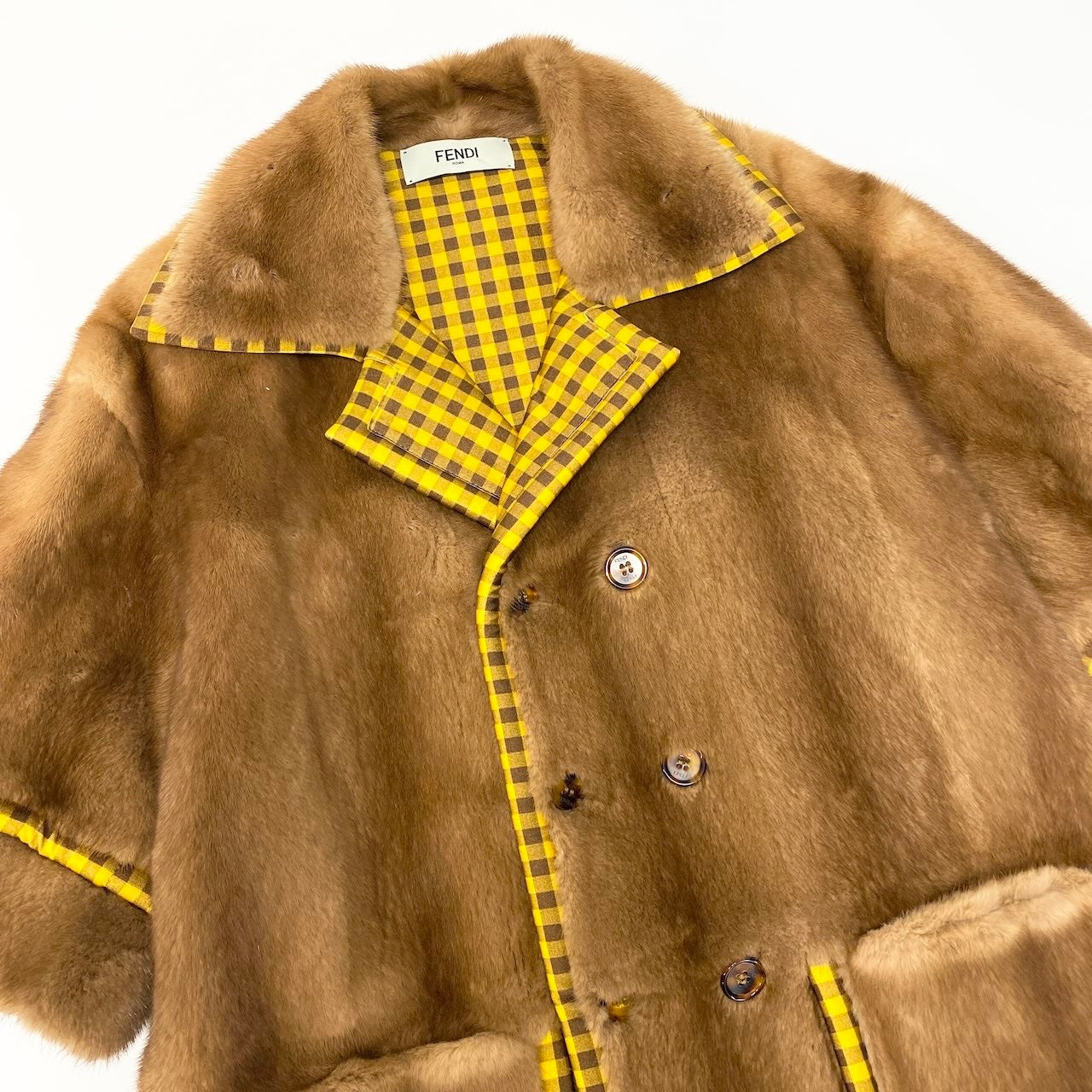 E FENDI フェンディ パステルミンクファー リバーシブル ファーコート ジャケット チェック 36 ブラウン イエローnu1