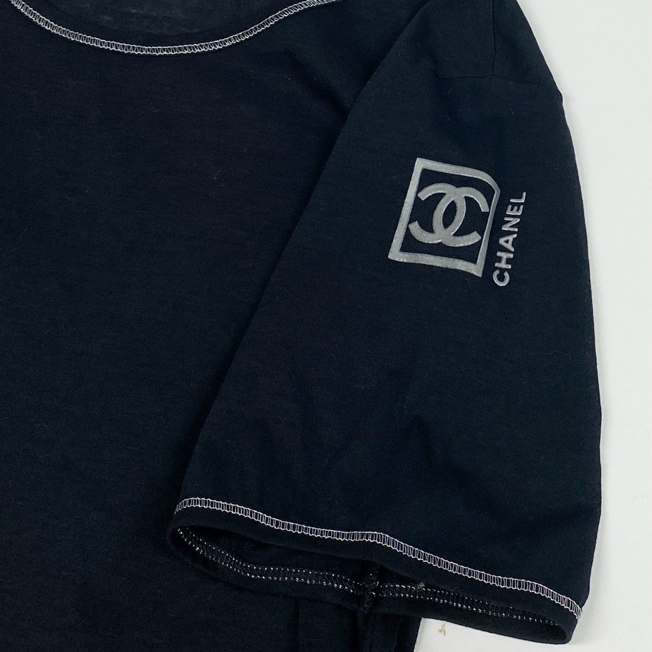 Cb15 CHANEL シャネル スポーツライン 2006 袖ココマーク 半袖カットソー Tシャツ トップス 38 ブラック コットン レディースta1