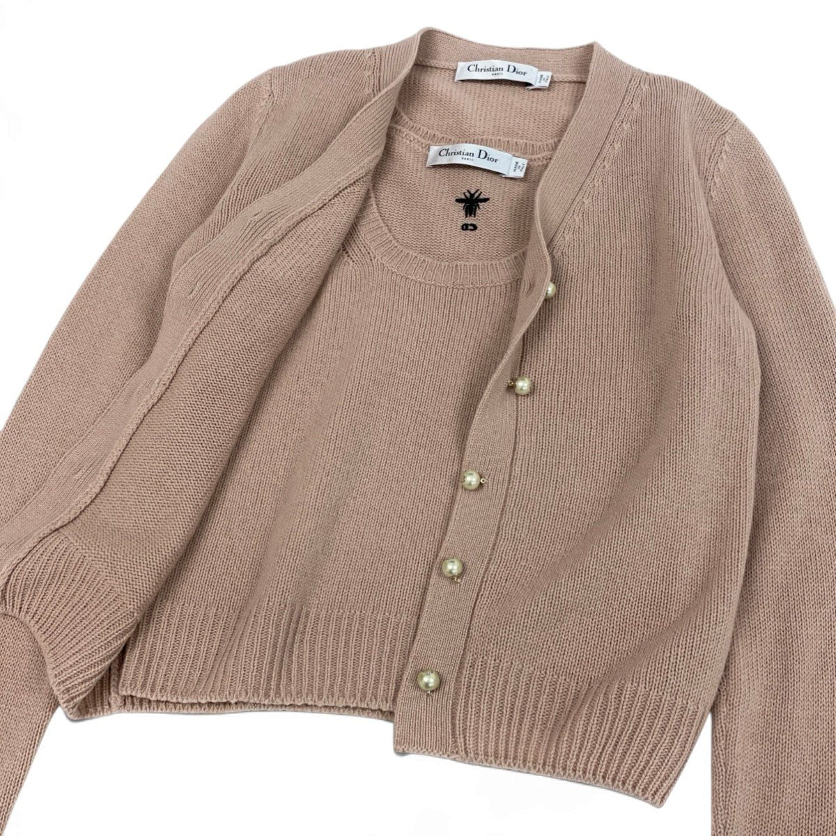 Ej15 【美品】 Christian Dior クリスチャンディオール アンサンブルニット トライバル Bee刺繡 354W01AM082 サイズ36 ピンクベージュ カシミヤ100％ レディースo07t