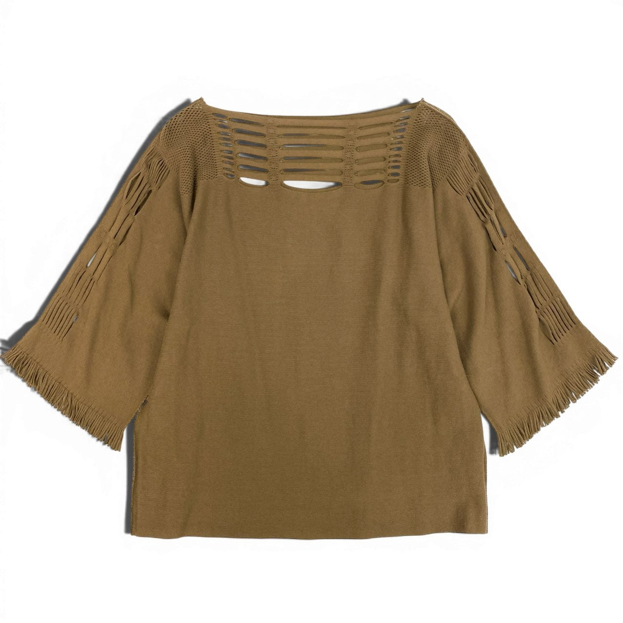 Aa29 ISSEY MIYAKE イッセイミヤケ A.POC INSIDE カットワーク ニットカットソー Tシャツ トップス フリンジ IM33KK322 サイズ2 ベージュ レディースu02t