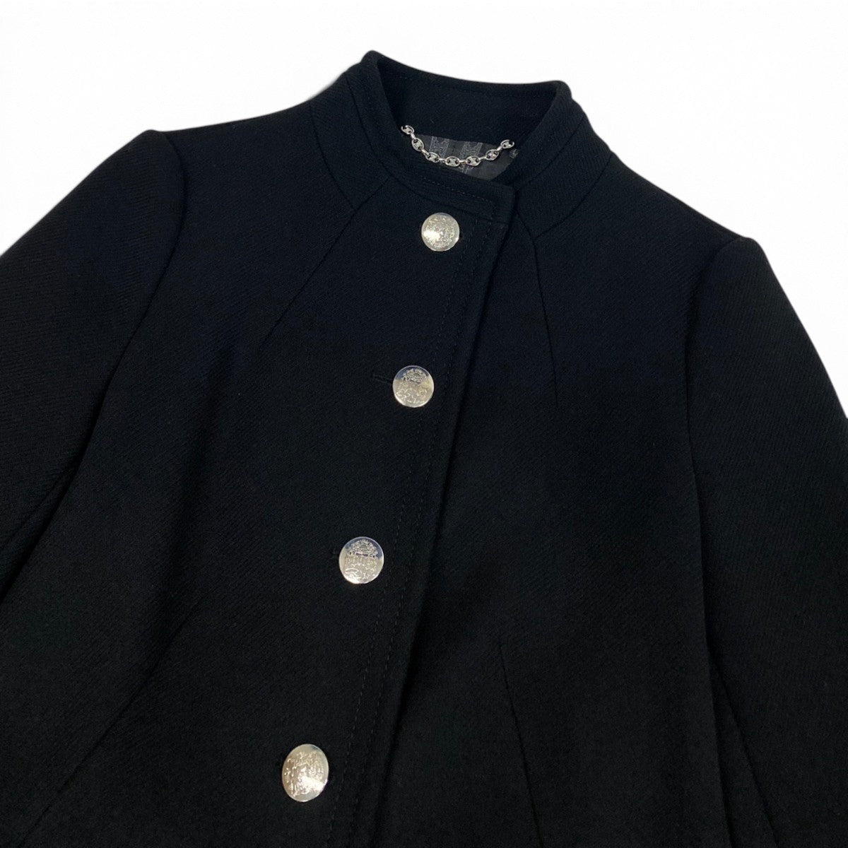i25 【美品】CELINE ウールロングコート スタンドカラー エンブレムボタン 38サイズ ブラック ウール100％ レディース 女性用u02t