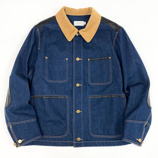 77f24 COACH コーチ デニム コアコート デニムジャケット カバーオール エルボーパッチ レザーパイピング C9195 Lサイズ インディゴブルー コットン ラムレザー メンズ