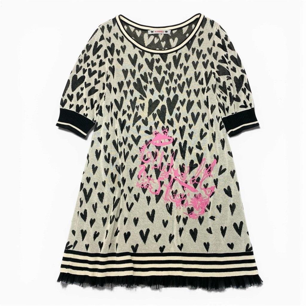 7a9 OLLEBOREBLA オレボレブラ アルベロベロ ニットワンピース 総柄 ハート柄 七分袖 レディース ブラック ホワイトo07t