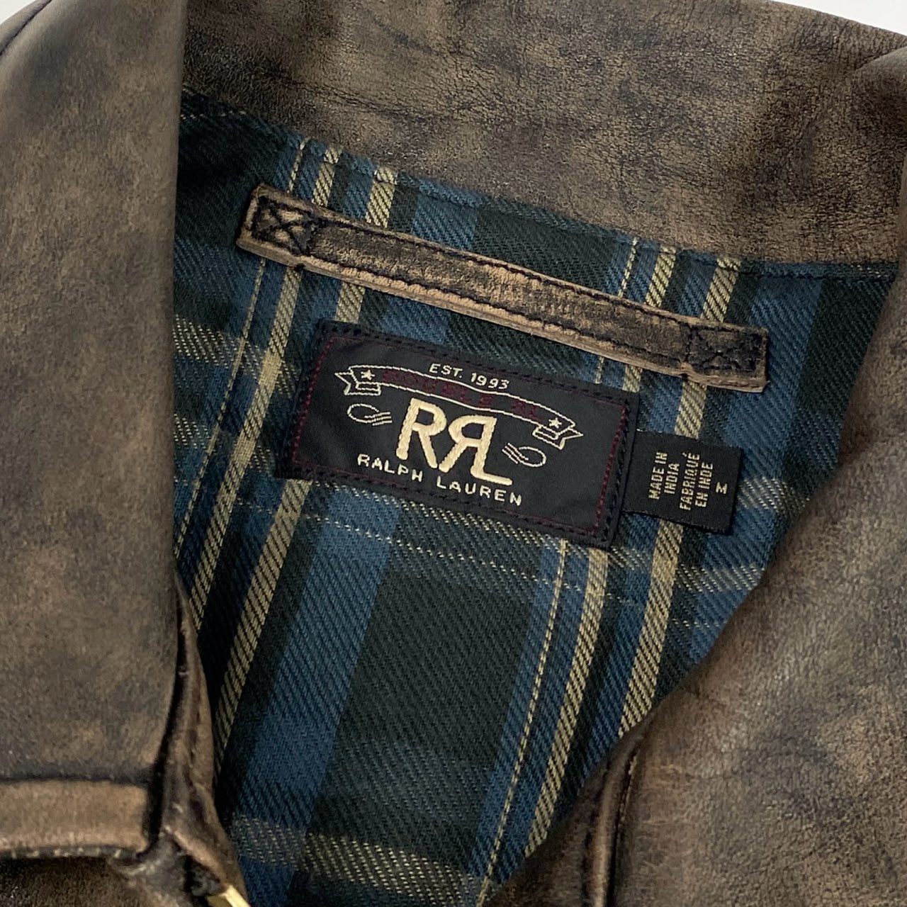 48c14 RALPH LAUREN RRL ラルフローレン ダブルアールエル フルグレインカウハイドレザージャケット シングルライダース 本革 カウレザー 裏地チェック 782839937001 M ブラウン 牛革