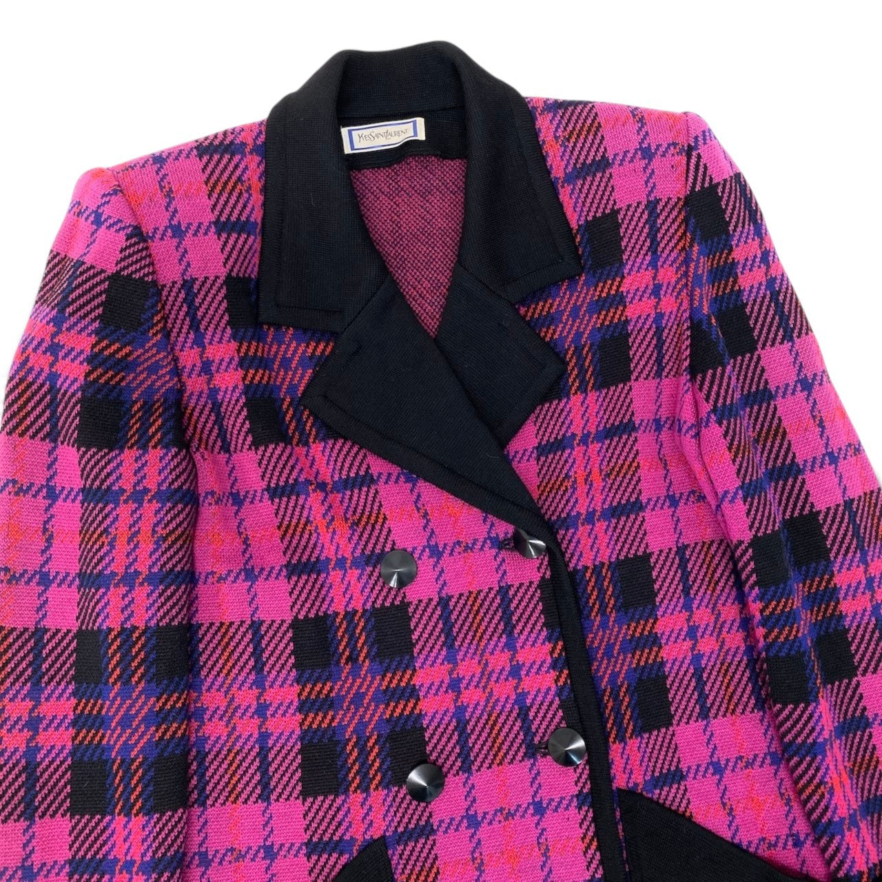 38h31 YVES SAINT LAURENT イヴサンローラン ダブルブレスト チェスターコート ニットコート チェック柄 サイズM マルチカラー ウール100％ レディースo07t