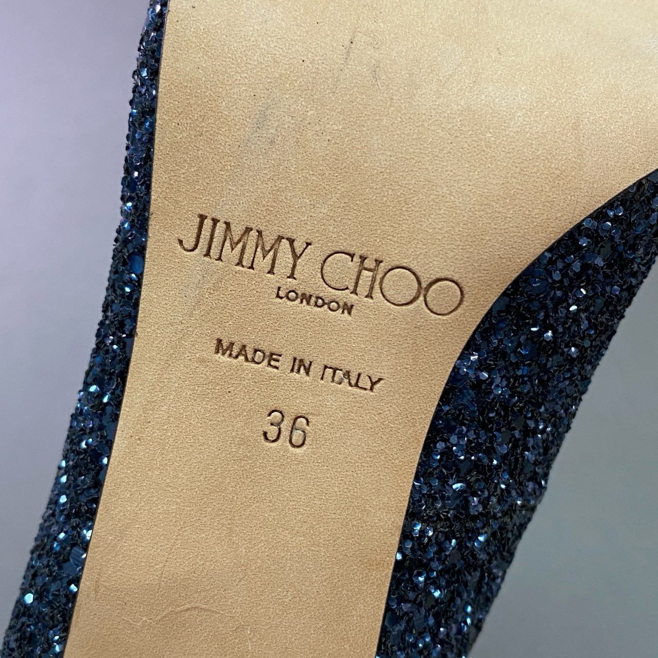 2j28 《美品》 JIMMY CHOO ジミーチュウ グリッター ハイヒールサンダル スパンコール 36 ネイビー シューズ パーティ イタリア製