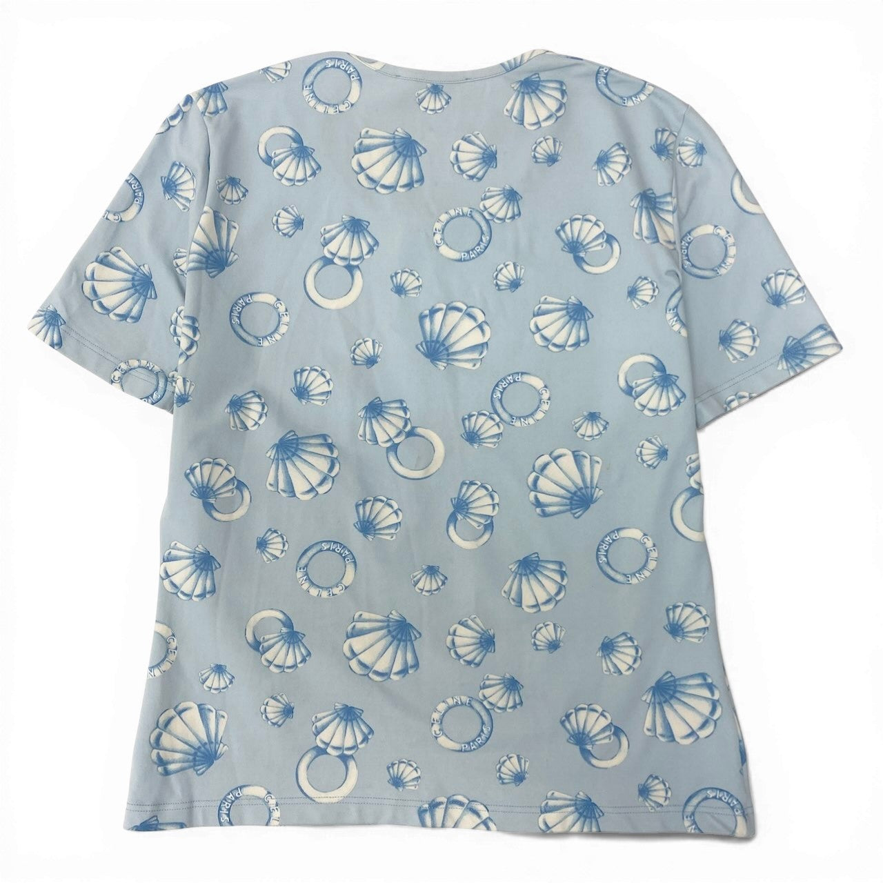 Ic30  CELINE セリーヌ マリン柄 半袖Tシャツ クルーネック カットソー 総柄 伸縮ストレッチ レディース 女性服 ライトブルーu02t