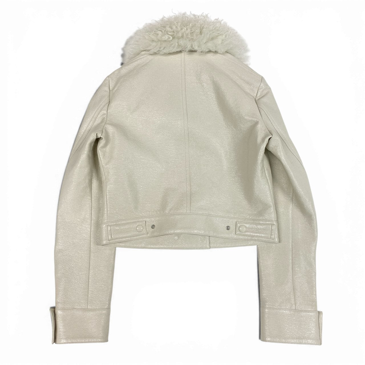 44a15 【未使用品】courreges クレージュ カラクルラムファー ショートレザージャケット 短丈レザージャケット ロゴワッペン付き サイズ34 オフホワイト レディース 薄手アウターk02i