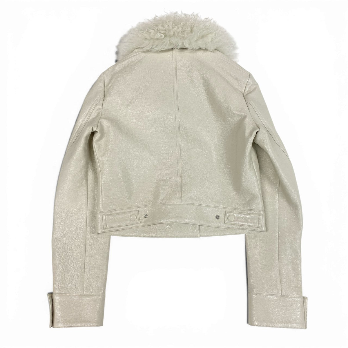 Ia15 【未使用品】courreges クレージュ カラクルラムファー ショートレザージャケット 短丈レザージャケット ロゴワッペン付き サイズ34 オフホワイト レディース 薄手アウターk02ik02i