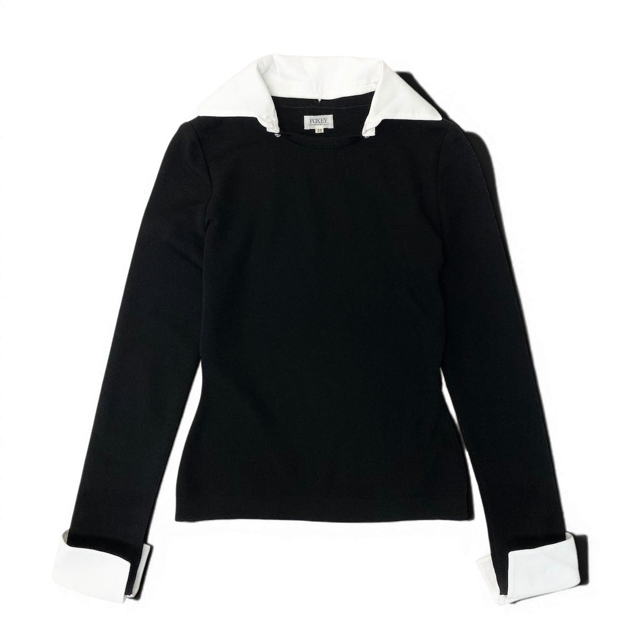 64d15 FOXEY BOUTIQUE フォクシー ブティック ロングスリーブ ニットセーター ハイゲージニット 白襟 カフス付 取り外し可 サイズ38 ブラック ウール100％ レディース 女性用u02t