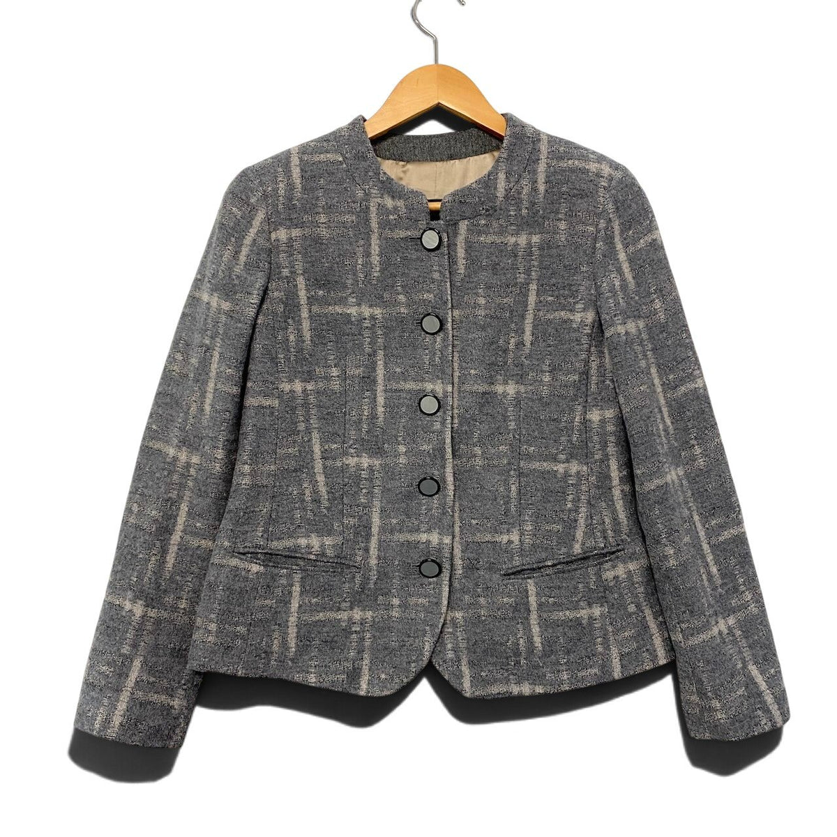 38j22 【美品】EMPORIO ARMANI ICON エンポリオアルマーニ アイコン ノーカラージャケット チェック柄 アウター 38サイズ グレー レディース 女性用u02t