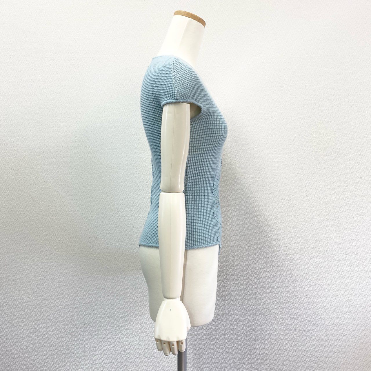 15K18 【美品】CHANEL シャネル 2014SS レース切替 ワッフルカットソー P41341K03047 サイズ34 ブルー系 レディース 女性用 トップスk02i