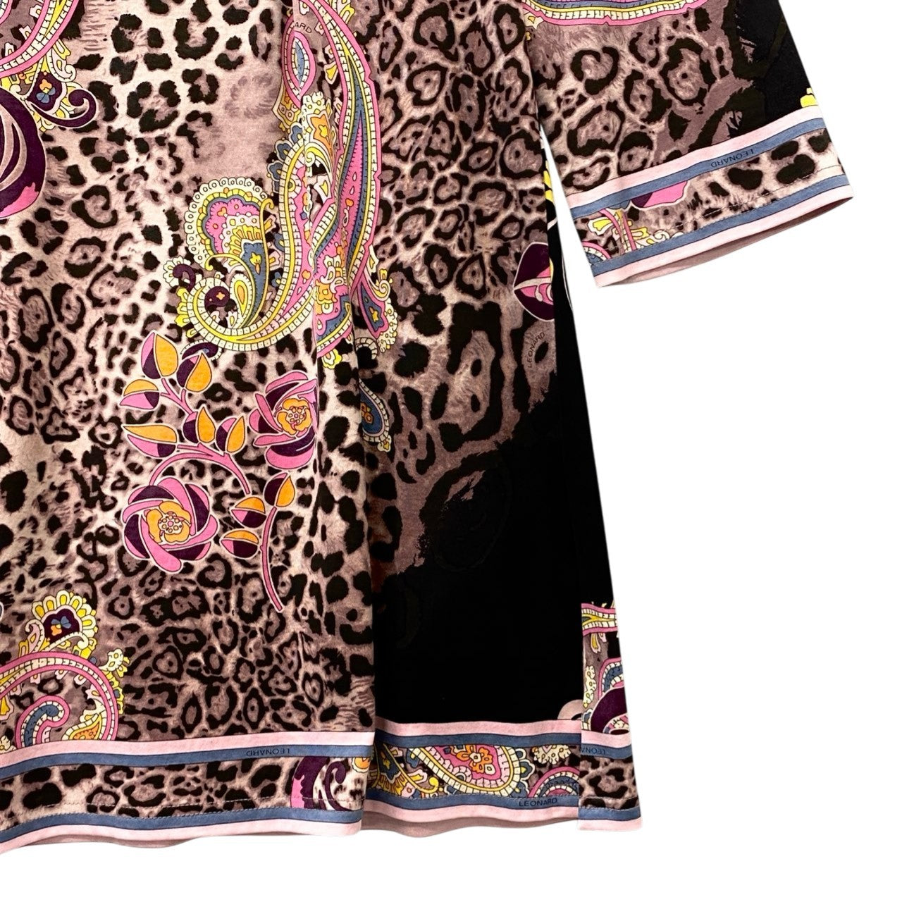 44b17 【極美品】LEONARD レオナール 七分袖チュニックトップス スクエアネック レオパード総柄プリント 0399604 42サイズ マルチカラー コットン100％ レディース 女性用u02t