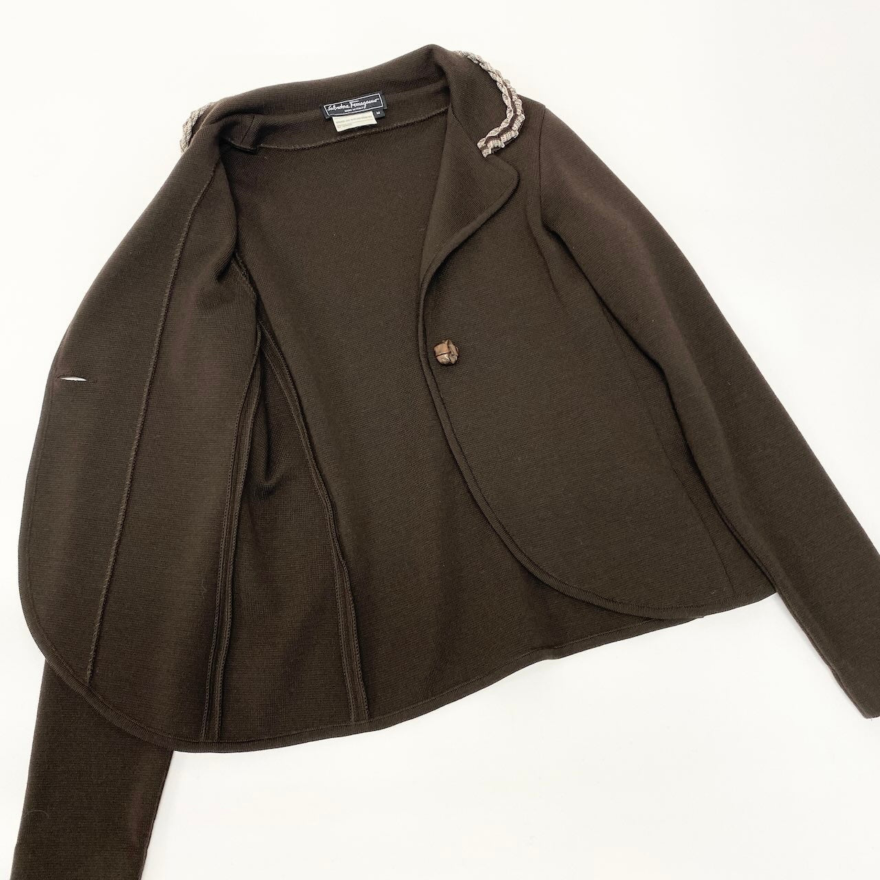 62e12 【美品】 Salvatore Ferragamo サルヴァトーレフェラガモ セットアップスカート ニットジャケット ニットスカート サイズL / M ブラウン ウール100％ レディース 女性用o07t