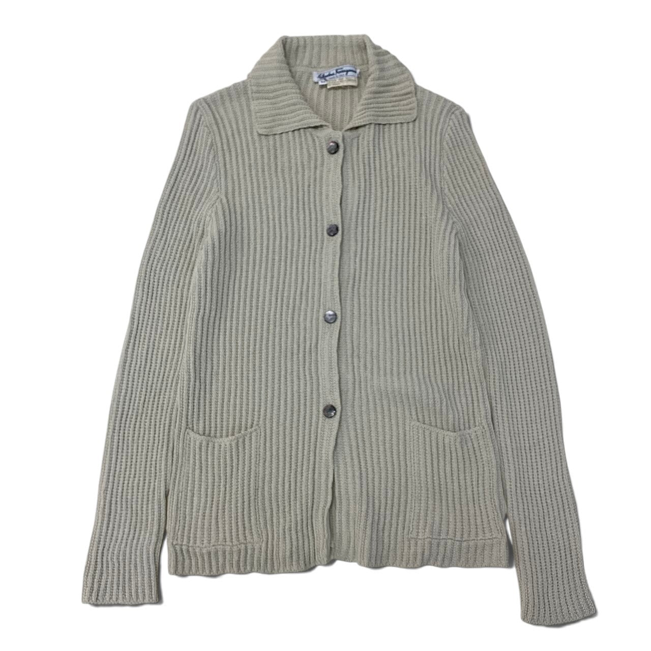 29h31 Salvatore Ferragamo サルヴァトーレフェラガモ ロングスリーブ ニットシャツ リブニット サイズM ベージュ レディースo07t