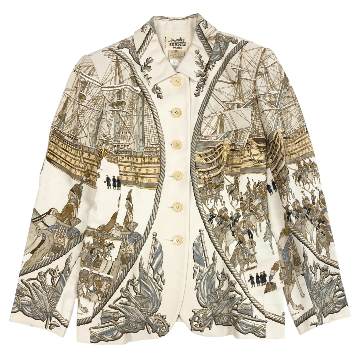 35L19 Vintage HERMES エルメス 海と騎兵隊 テーラードジャケット シルクジャケット 総柄 42 アイボリー系 シルク レディース 女性用 フランス製u02t