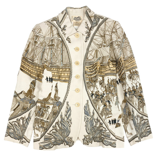 35L19 Vintage HERMES エルメス 海と騎兵隊 テーラードジャケット シルクジャケット 総柄 42 アイボリー系 シルク レディース 女性用 フランス製u02t
